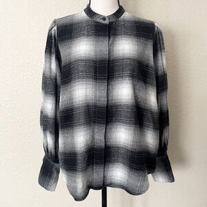 Banana Republic Flannel Plaid Bishop Sleeve Button Front Top